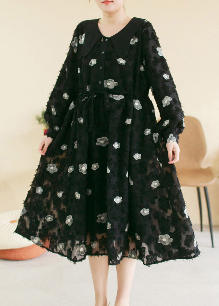 Vintage Black O-Neck Embroideried Floral Patchwork Cotton Long Dress Spring