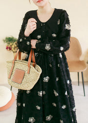 Vintage Black O-Neck Embroideried Floral Patchwork Cotton Long Dress Spring