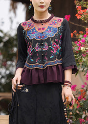 Vintage Black O-Neck Embroideried Floral Ruffled Chiffon Tops Long Sleeve