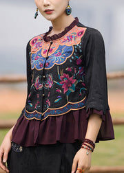 Vintage Black O-Neck Embroideried Floral Ruffled Chiffon Tops Long Sleeve