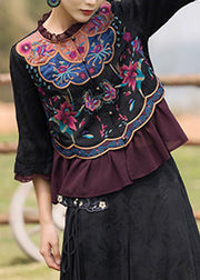 Vintage Black O-Neck Embroideried Floral Ruffled Chiffon Tops Long Sleeve