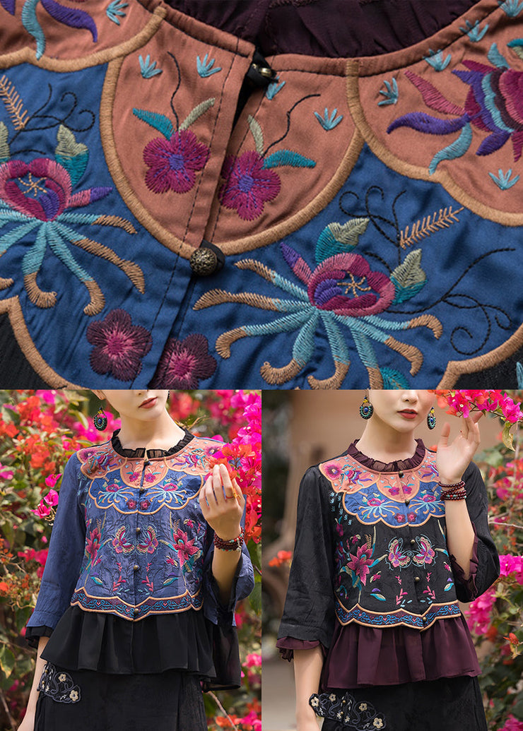 Vintage Black O-Neck Embroideried Floral Ruffled Chiffon Tops Long Sleeve