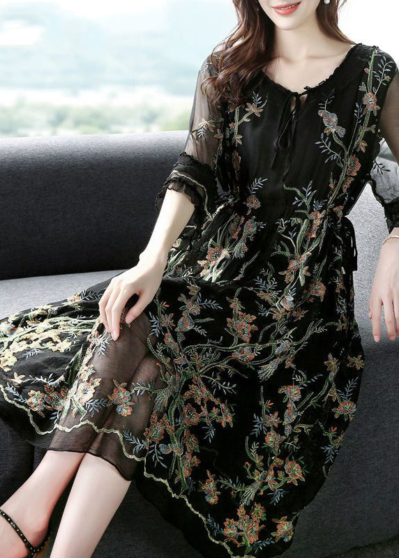 Vintage Black O-Neck Embroideried Silk Party Dress Bracelet Sleeve