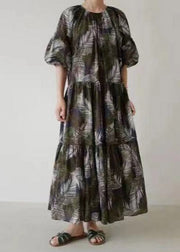 Vintage Black O-Neck Print Long Dress Short Sleeve