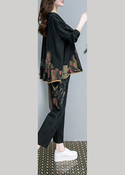 Vintage Black O-Neck Print Top And Pants Two Pieces Set Fall