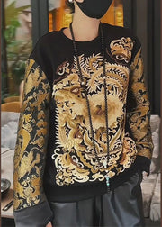 Vintage Black Oriental Embroidered Cotton Sweatshirts Top Fall