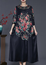 Vintage Black Oversized Floral Silk Dresses Summer