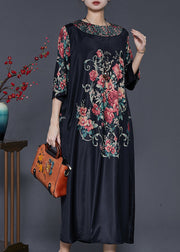 Vintage Black Oversized Floral Silk Dresses Summer