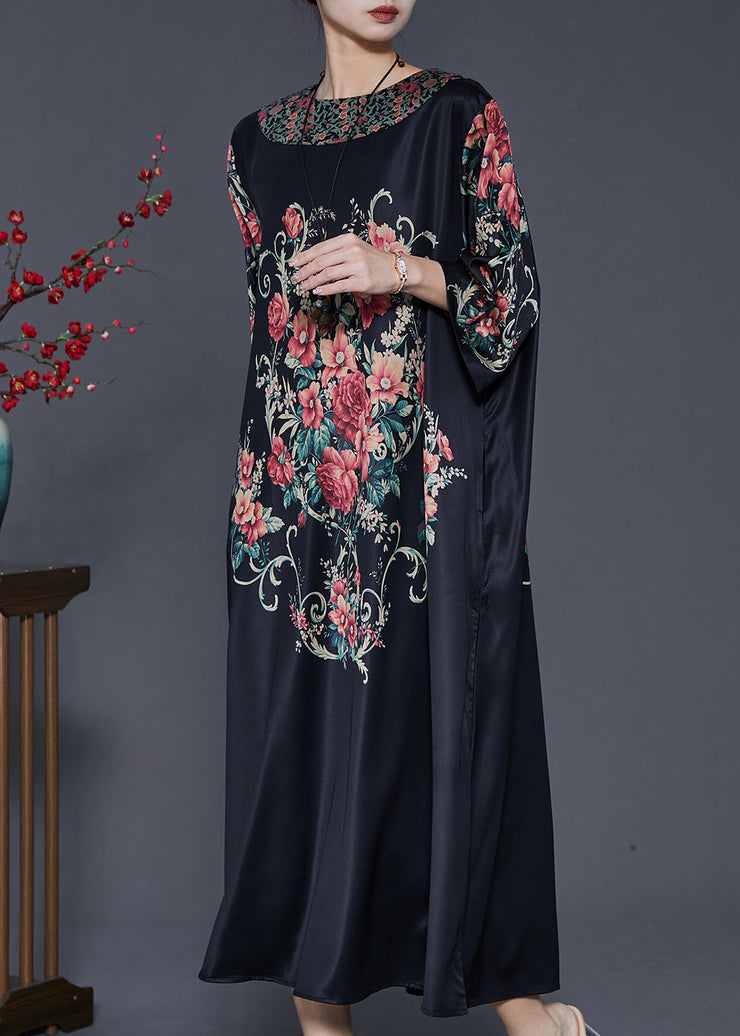 Vintage Black Oversized Floral Silk Dresses Summer