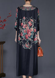 Vintage Black Oversized Floral Silk Dresses Summer
