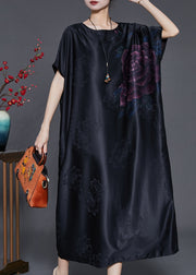 Vintage Black Oversized Jacquard Silk Long Dress Summer