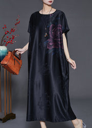 Vintage Black Oversized Jacquard Silk Long Dress Summer