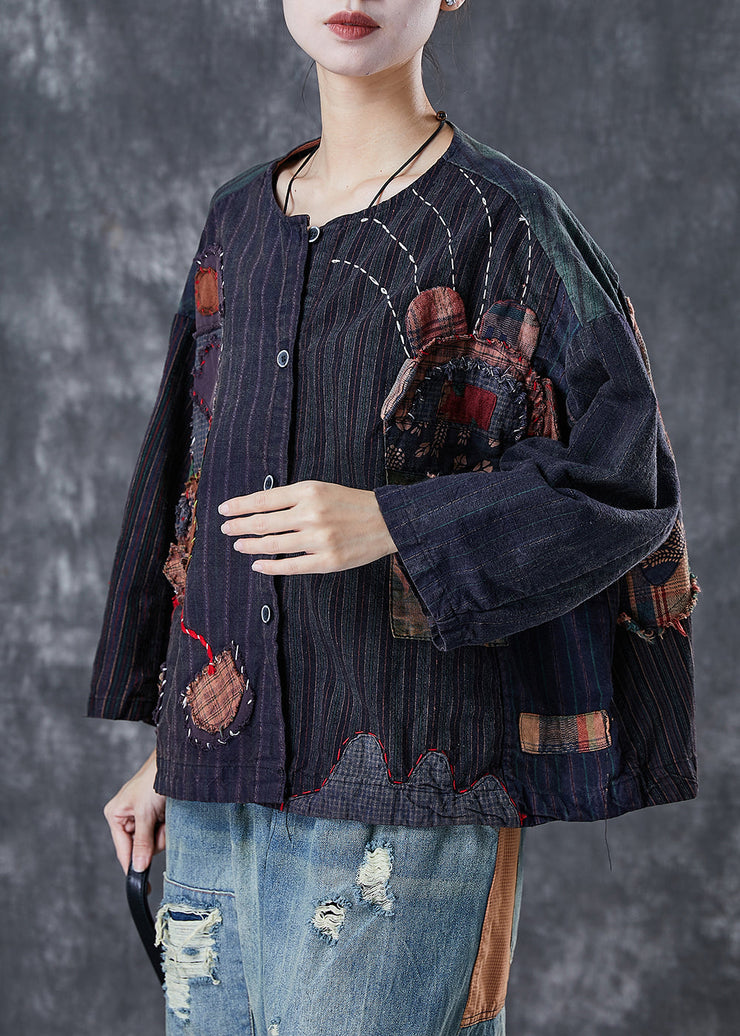 Vintage Black Oversized Patchwork Applique Cotton Coat Outwear Spring