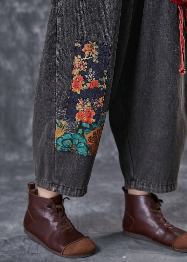 Vintage Black Oversized Patchwork Applique Denim Pants Summer
