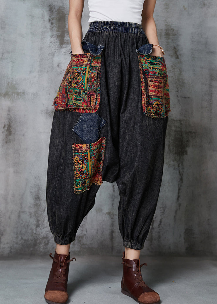 Vintage Black Oversized Patchwork Denim Harem Pants Spring