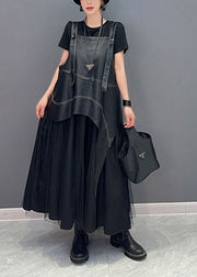 Vintage Black Oversized Patchwork Faux Leather Straps Pleated Dress Summer