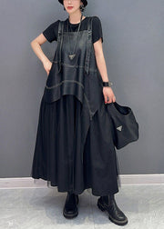 Vintage Black Oversized Patchwork Faux Leather Straps Pleated Dress Summer