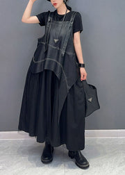 Vintage Black Oversized Patchwork Faux Leather Straps Pleated Dress Summer