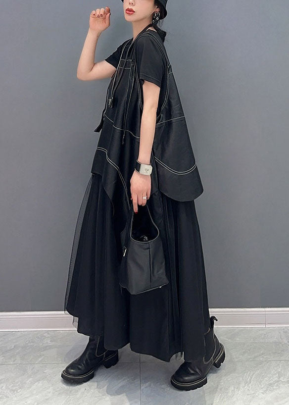 Vintage Black Oversized Patchwork Faux Leather Straps Pleated Dress Summer