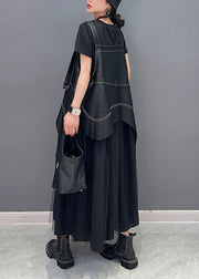 Vintage Black Oversized Patchwork Faux Leather Straps Pleated Dress Summer