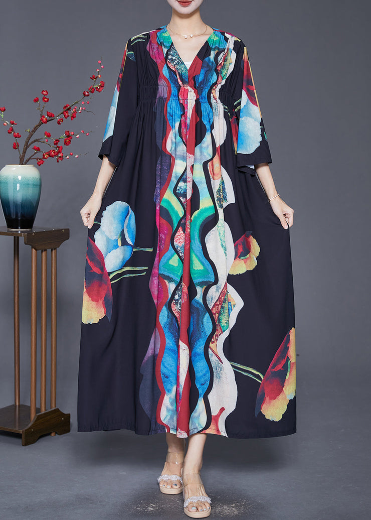 Vintage Black Oversized Wrinkled Print Chiffon Long Dress Summer