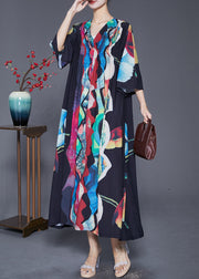 Vintage Black Oversized Wrinkled Print Chiffon Long Dress Summer