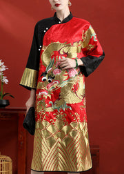 Vintage Black Patchwork Red Stand Collar Embroideried Side Open Button Silk Maxi Dresses Long Sleeve