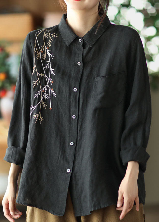 Vintage Black Peter Pan Collar Embroideried Linen Blouse Spring