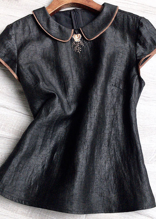 Vintage Black Peter Pan Collar Embroideried Silk Tops Summer