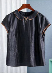 Vintage Black Peter Pan Collar Embroideried Silk Tops Summer