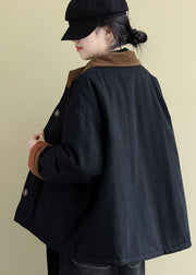 Vintage Black Peter Pan Collar Pockets Fine Cotton Filled Coats Winter