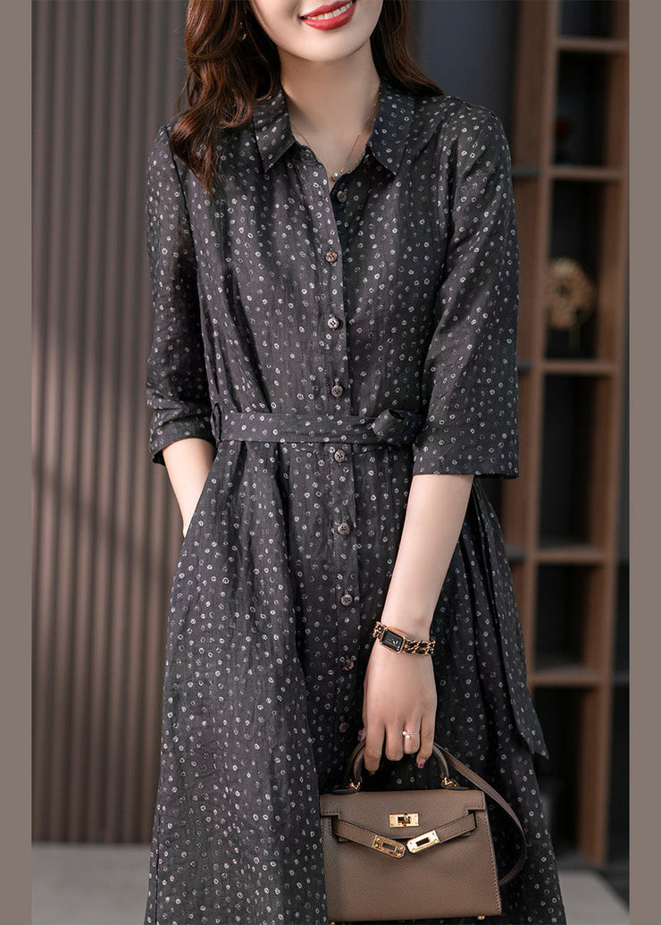 Vintage Black Peter Pan Collar Print Button Tie Waist Linen Long Shirts Dress Long Sleeve