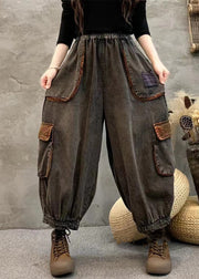 Vintage Black Pockets Elastic Waist Patchwork Denim Harem Pants Fall