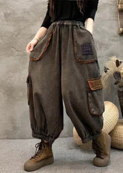 Vintage Black Pockets Elastic Waist Patchwork Denim Harem Pants Fall