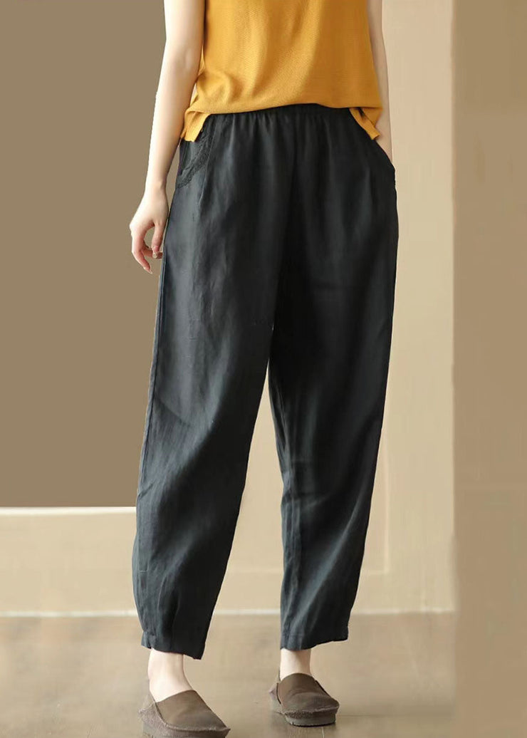 Vintage Black Pockets Wrinkled Patchwork Linen Pants Summer