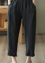 Vintage Black PocketsPatchwork Linen Pants Summer