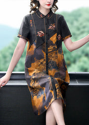 Vintage Black Print Button Patchwork Silk Mid Dress Summer