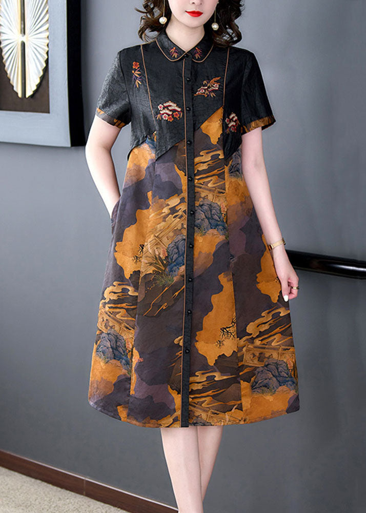 Vintage Black Print Button Patchwork Silk Mid Dress Summer