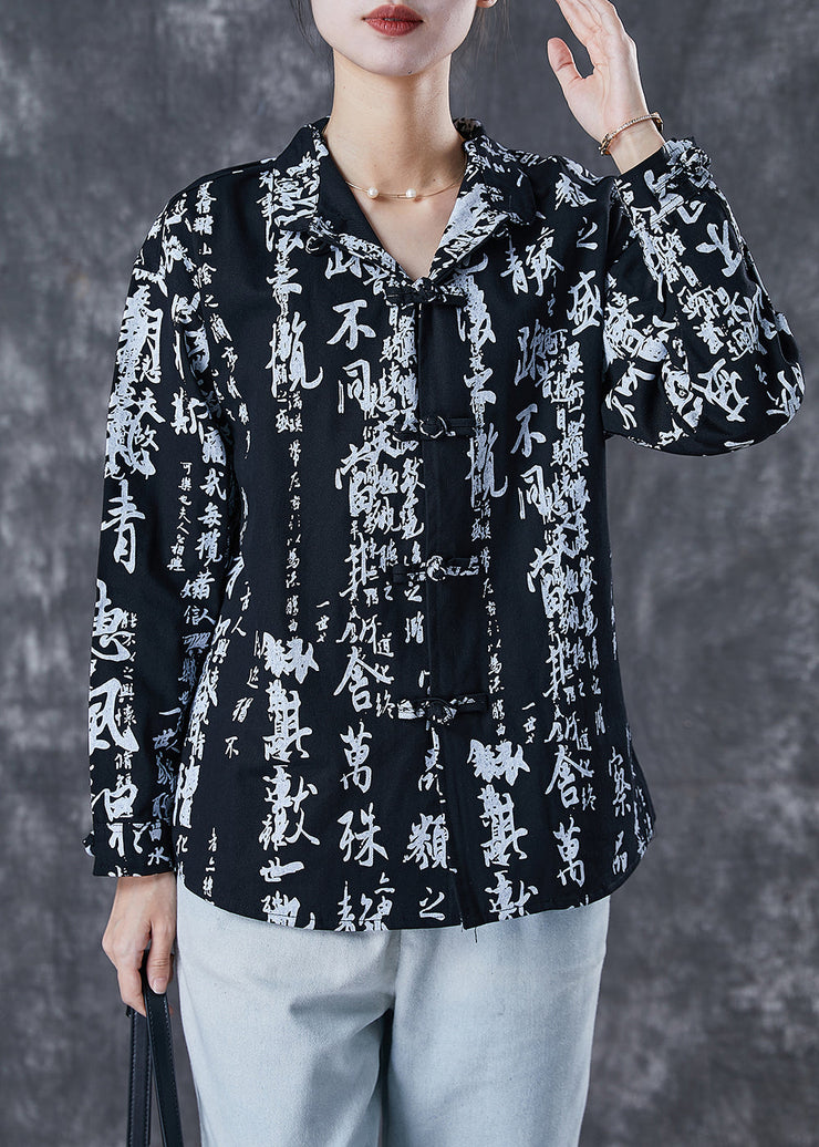 Vintage Black Print Chinese Button Cotton Shirt Spring