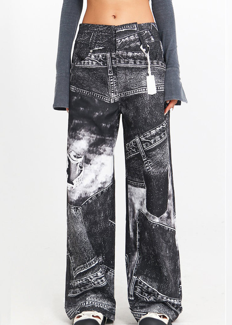 Vintage Black Print High Waist Denim Pants Spring