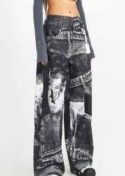 Vintage Black Print High Waist Denim Pants Spring