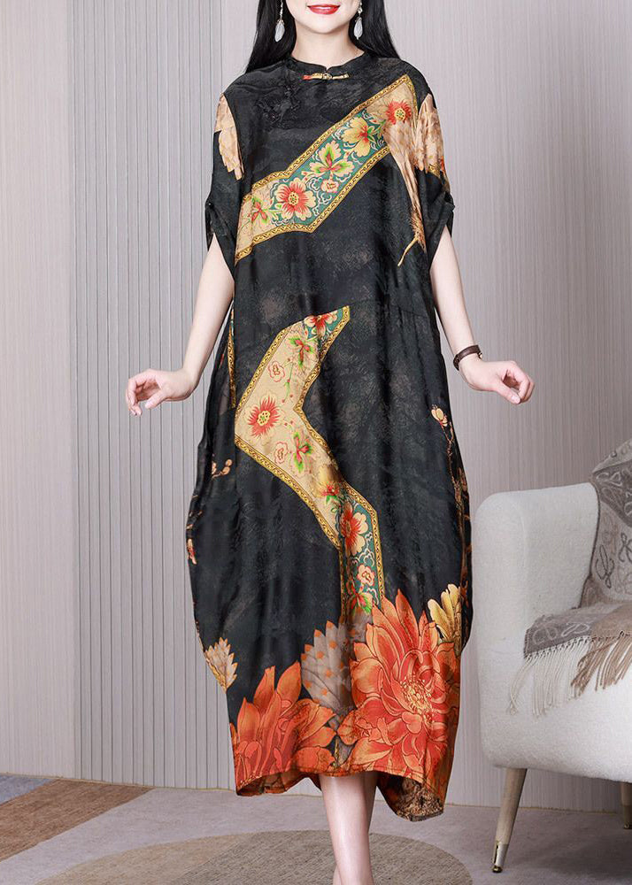 Vintage Black Print Patchwork Chinese Button Silk Long Dress Half Sleeve