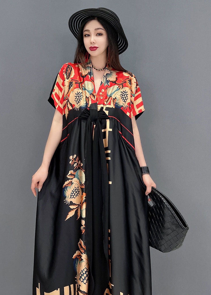 Vintage Black Red V Neck Bow Print Satin Long Dresses Short Sleeve