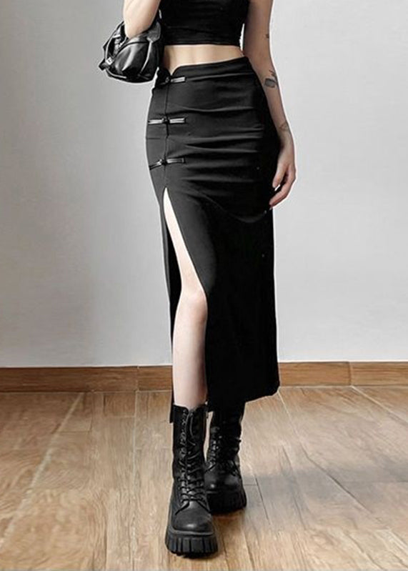 Vintage Black Side Open Button Long Skirt Summer