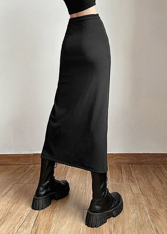 Vintage Black Side Open Button Long Skirt Summer