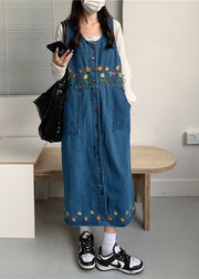 Vintage Black Slash Neck Embroidered Patchwork Button Denim Maxi Dress Sleeveless