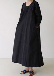 Vintage Black Square Collar Cozy Linen Maxi Dress Long Sleeve