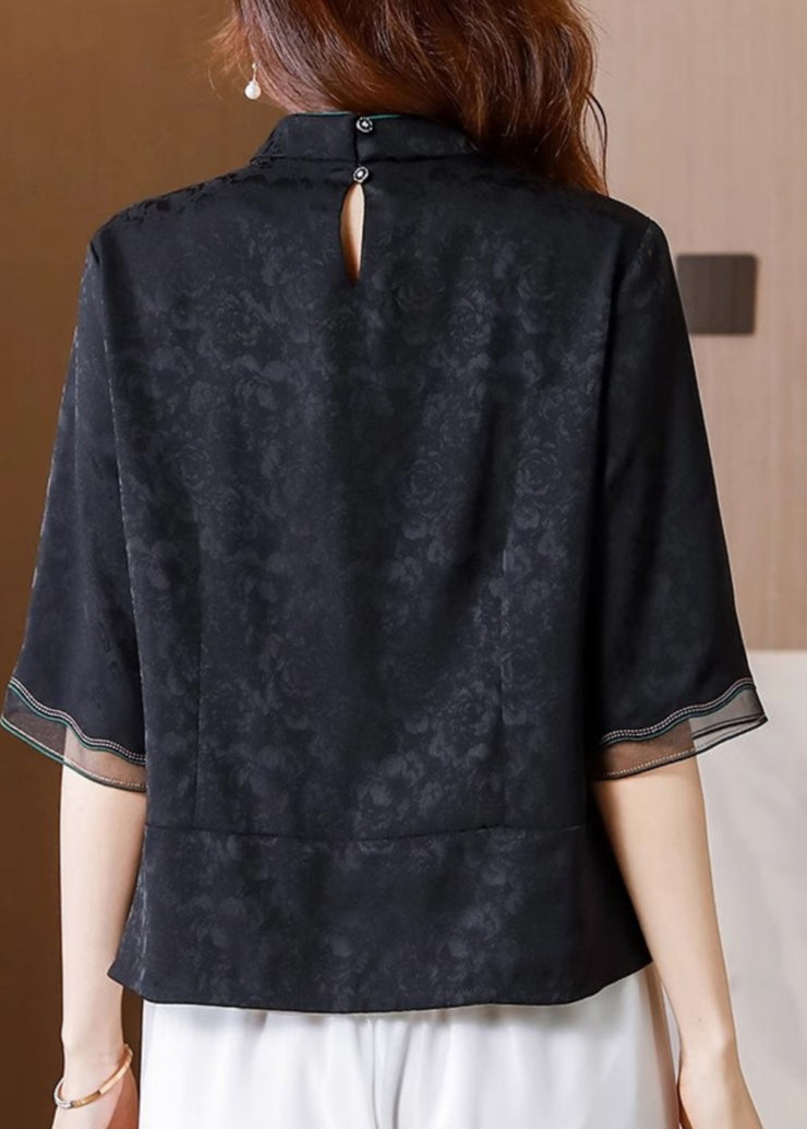 Vintage Black Stand Collar Embroidered Silk Blouse Top Summer