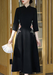 Vintage Black Stand Collar Embroideried Button Party Tulle Maxi Dress Long Sleeve