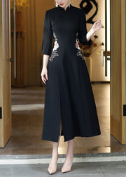 Vintage Black Stand Collar Embroideried Button Party Tulle Maxi Dress Long Sleeve